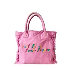 KIWI St-Tropez‎ Pink Embroidered Cotton Top Handle Tote Beach Pool Vacation Bag